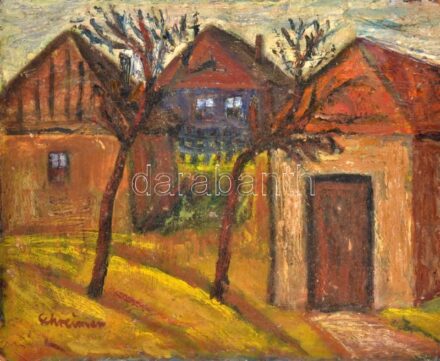 Schreiner jelzéssel: Színes utca. Olaj, farost, sarkaiban kissé sérült, 38×48 cm