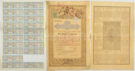 Ausztria / Bécs 1868. 'Államadóssági kötvény' 1000 osztrák értékű Forint értékben szelvényekkel, okmánybélyegekkel, bélyegzésekkel T:III Austria / Vienna 1868. 'Staatsschuldverschreibung' about 1000 Gulden with coupons and stamps