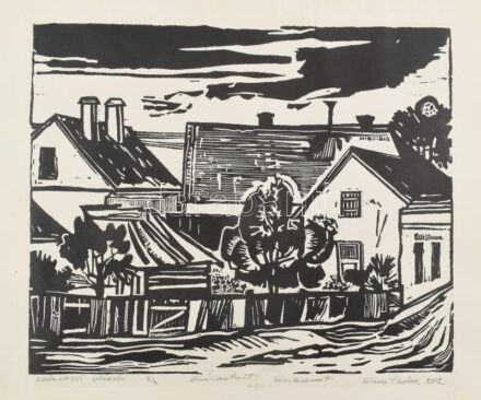 Simon Endre (1936-): Szárhegyi utcarész, 2002. Linómetszet, kézilevonat, papír, jelzett, számozott (3/3). 25x30 cm