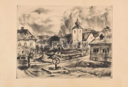 Bordás Ferenc (1911-1982): Kerekes kút. Rézkarc, papír, jelzett, lap széle kissé foltos, 30x39 cm