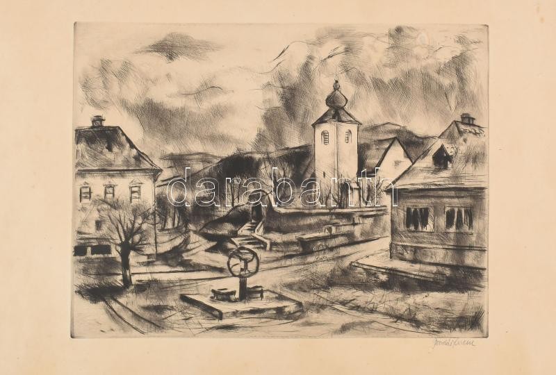 Bordás Ferenc (1911-1982): Kerekes kút. Rézkarc, papír, jelzett, lap széle kissé foltos, 30x39 cm