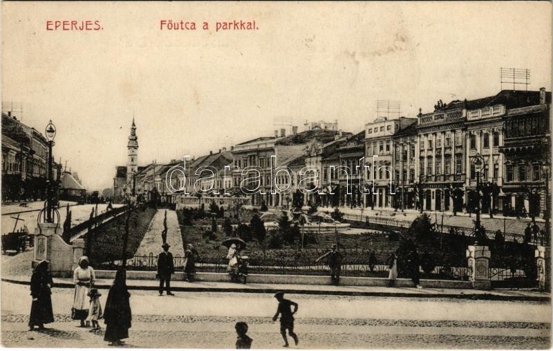 Eperjes, Presov; Fő utca a parkkal, üzletek. Divald Károly Fia kiadása / main street, park, shops (fl)