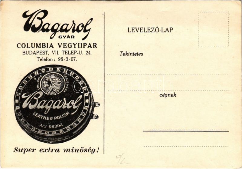 Bagarol gyár Columbia Vegyiipar cipőkrém reklámja. Budapest, Telep utca 24. (EK)