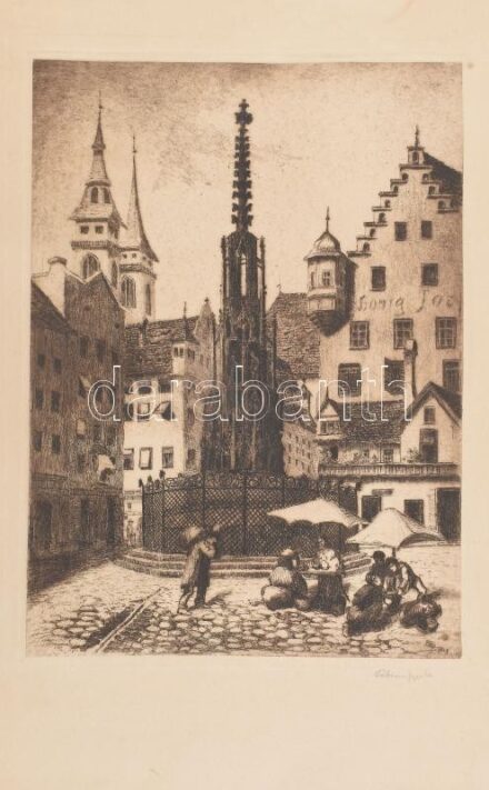 Fábián Gyula (1884-1955): Piac. Rézkarc, papír, jelzett. 35×25,5 cm.