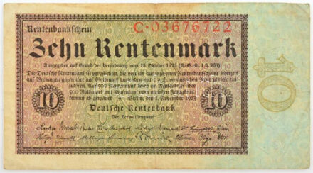 Németország / Weimari Köztársaság 1923. 10M T:III tűlyuk / Germany / Republic of Weimar 1923. 10 Rentenmark C:F pin hole Krause P#164