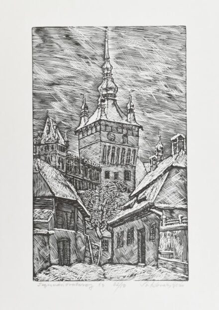 Sz. Kovács Géza (1938-): Segesvári óratorony. Linómetszet, papír, jelzett, számozott (32/50). Lapszéli apró szakadással. 34x21 cm