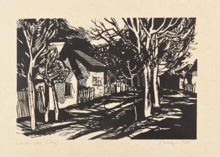 Bálványos Huba (1938-2011): Csendes utca, 1964. Linómetszet, papír, jelzett, kartonra kasírozva, 23x34,5 cm