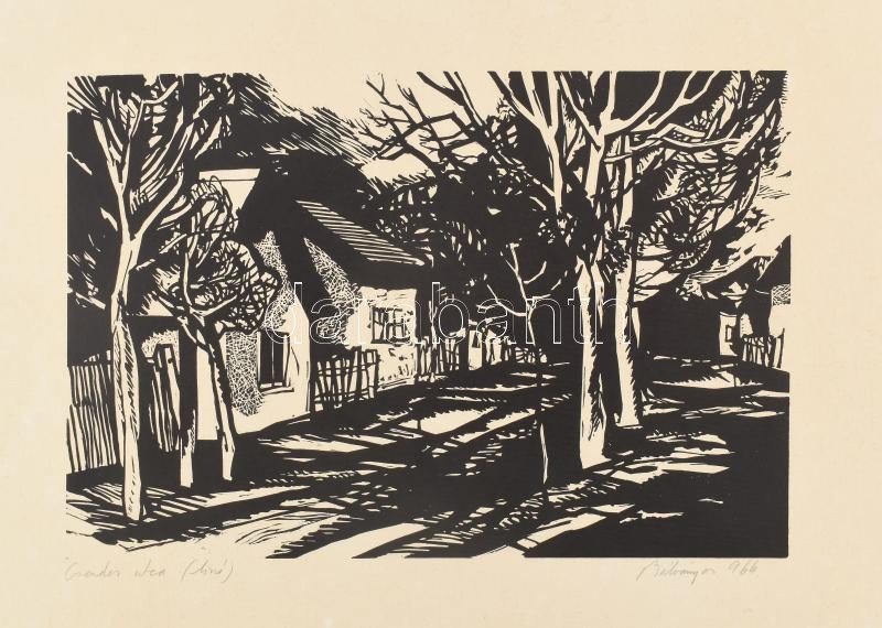 Bálványos Huba (1938-2011): Csendes utca, 1964. Linómetszet, papír, jelzett, kartonra kasírozva, 23x34,5 cm
