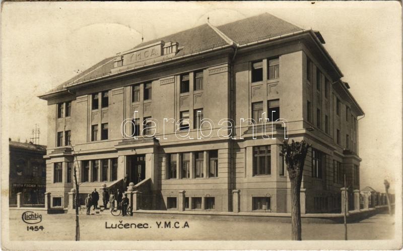 1938 Losonc, Lucenec; YMCA épület, Fischer Testvérek üzlete / YMCA (Young Men's Christian Association) building, shop + '1938 Losonc visszatért' So. Stpl.