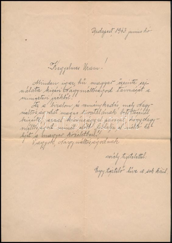 1943 3 db levél nagybaczoni Nagy Vilmos (1884-1976) vezérezredes részére lemondása alkalmából