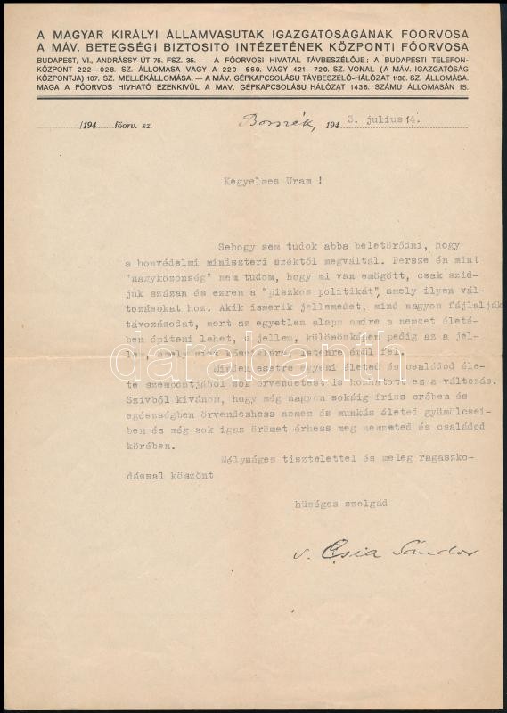 1943 3 db levél nagybaczoni Nagy Vilmos (1884-1976) vezérezredes részére lemondása alkalmából - Image 2