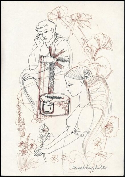 Macskássy Izolda (1945-2021): Szerelmesek kútnál. Barna és fekete toll, jelzett. 30x21cm