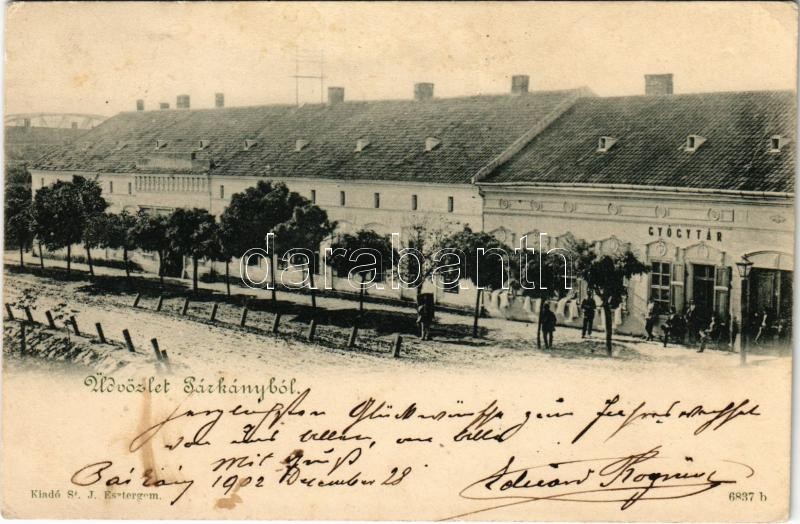 1902 Párkány, Stúrovo; Gyógyszertár, gyógytár. S. J. kiadása / pharmacy, street view (EK)
