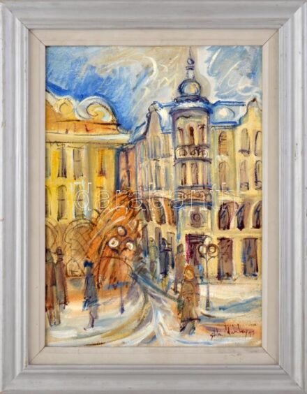 Olvashatatlan jelzéssel (romániai magyar festő?): Városrészlet. Olaj, vászon, 40x30 cm. Dekoratív fakeretben.