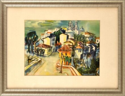 Farkasházy jelzéssel: Városrészlet. Akvarell, papír, 24,5x34 cm. Dekoratív, üvegezett fakeretben.