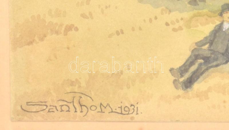 Santhó Miklós (1868-1944): Körmenet, 1931. Akvarell, papír, jelzett, kartonra kasírozva. Karton alja foltos. Dekoratív, üvegezett, sérült fakeretben, 30x24 cm - Image 2