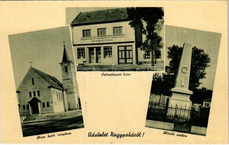 Nagypaka, Velká Paka; Római katolikus templom, fogyasztási és értékesítő szövetkezet üzlete, hősök szobra, emlékmű / church, cooperative shop, military heroes' monument