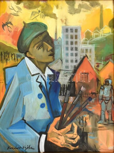 Kondor Béla jelzéssel: A festő. Olaj, kréta, falemez. Kissé sérült fakeretben. 65x50 cm