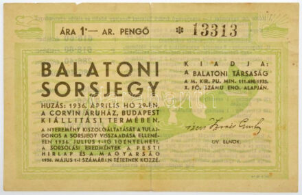 1936. 'Balatoni sorsjegy' sorsjegy 1P értékben, '13313' sorszámmal T:III széleken kis beszakadások / Hungary 1936. 'Balaton Lottery Ticket' lottery ticket with the value of 1 Pengő, with '13313' serial number C:F small tears on the edges