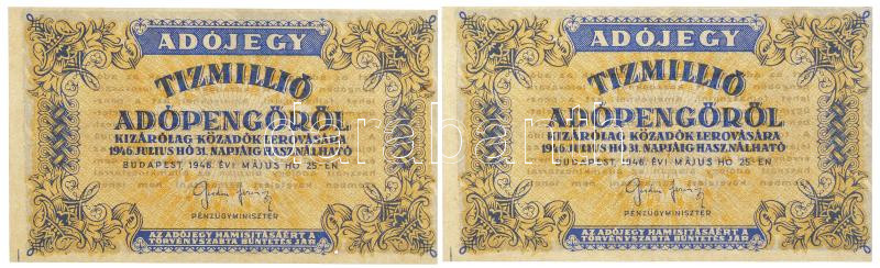 1946. 10.000.000AP (2x) hátoldali szövegben több ékezethiány T:III / Hungary 1946. 10.000.000 Adópengő (2x) several missing dots in the text on the back C:F Adamo P54