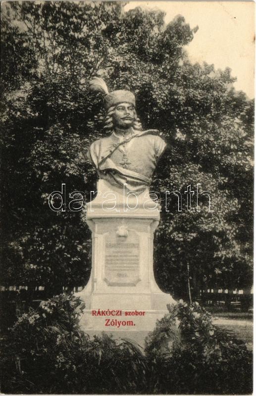 1907 Zólyom, Zvolen; II. Rákóczi Ferenc szobor / statue of Francis II Rákóczi + 'ZÓLYOM - ZÓLYOM-BREZÓ 98. SZ.' vasúti mozgóposta bélyegző
