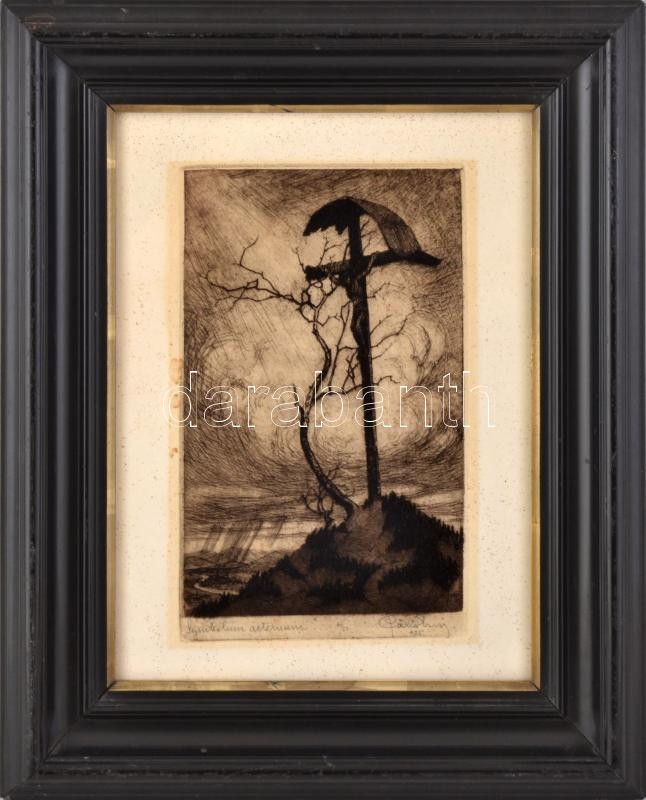 Páris Erzsi (1887-?): Kereszten Rézkarc, papír, Jelzett, Üvegezett keretben. 23x16 cm