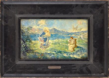 Lotz jelzéssel: Szent Lukács Máriát és a kisdedet rajzolja. Olaj, karton. Dekoratív, üvegezett fakeretben, 24x36 cm