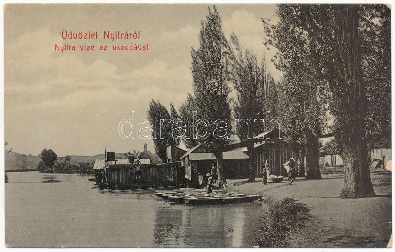 Nyitra, Nitra; Nyitra vize az uszodával, fürdőzők, csónakok. W.L. 487. / riverside, swimming pool, bathers, rowing boats