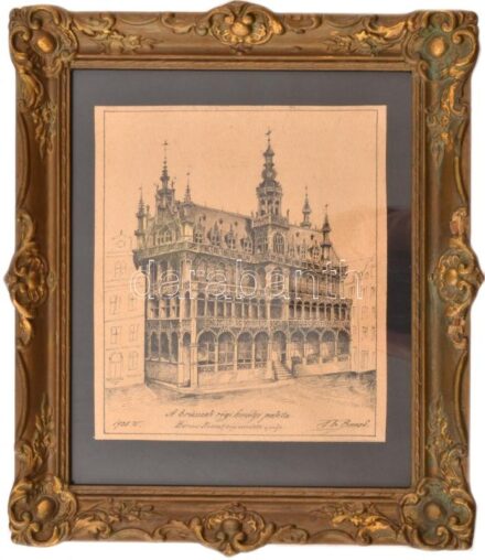Berecz S. jelzéssel: A brüsszeli régi királyi palota, 1928. Tus, papír. Dekoratív, üvegezett fakeretben, 18x14 cm