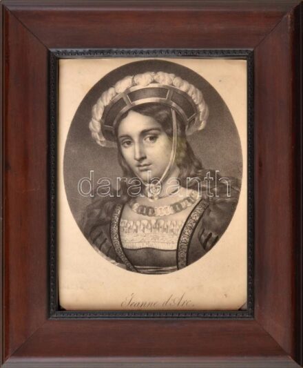 Jeanne d'Arc. Litográfia, papír. XIX sz. közepe-vége. Jelzés nélkül. Kissé sérült. Dekoratív, üvegezett fakeretben, 25,5x19,5 cm