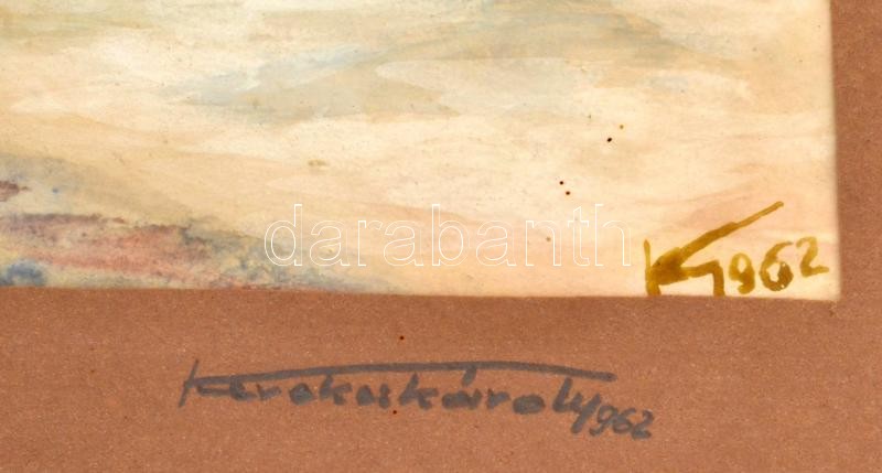 Kerekes Károly (?-): Első havasi alkonyat (Székelyhidi táj), 1962. Akvarell, papír. Jelzett. Üvegezett, sérült fakeretben, 24,5x42 cm - Image 2