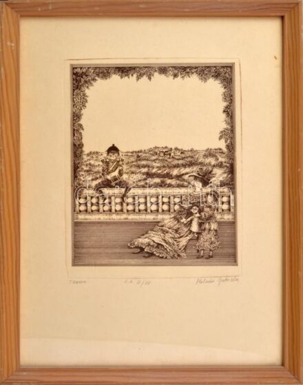 Molnár Gabriella (1940-): Terasz. Rézkarc, papír, jelzett, művészpéldány E.A. III/XV számozással. Üvegezett fakeretben, 22,5×18,5 cm