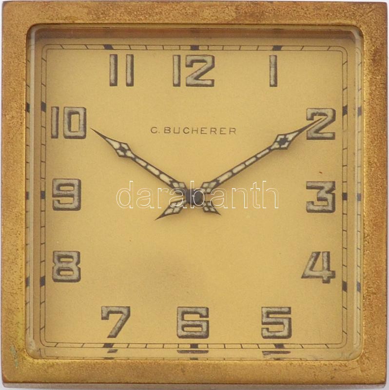C. Bucherer mechanikus asztali óra, működik, réz házzal. 8x8 cm