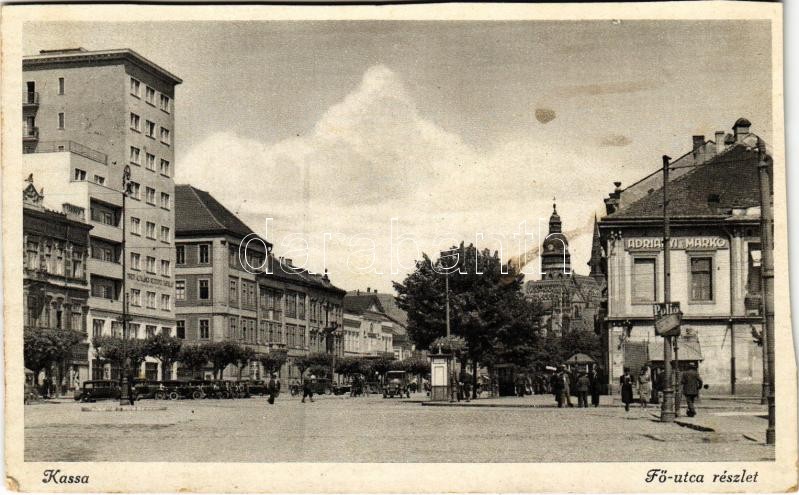 1942 Kassa, Kosice; Fő utca, Adriányi és Marko üzlete / main street, shops (vágott / cut)