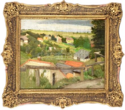 Imreh Zsigmond (1900-1965): Falu a völgyben. Vegyes technika, papír, jelzett. Üvegezett, sérült fakeretben. 40x50 cm.