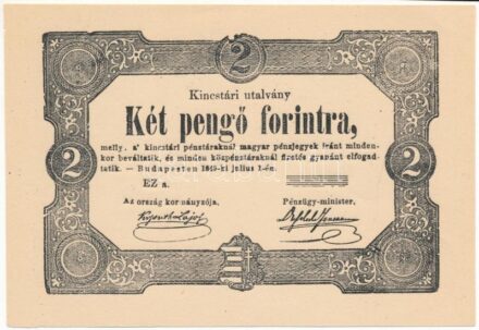 1849. 2Ft 'Kincstári utalvány' 1962-es utánnyomata, azonban a 'A magyar pénz története kiállítás' felülbélyegzés nélkül, a reprintek ismertetőjegyei: 'EZ a' sorozatjel, sorszám nélkül és középen fent hiányos nyomatú