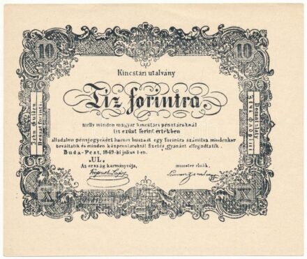 1849. 10Ft 'Kincstári utalvány' 1960-as évekbeli utánnyomata, vízjeles papíron. Hátlap bélyegzés nélkül, a reprintek 'UL' sorozatjellel készültek (modern reprint on watermarked paper) T:I-