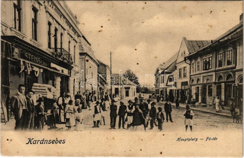 Karánsebes, Caransebes; Hauptplatz / Fő tér, Steinschneider üzlete / main square, shops (fl)