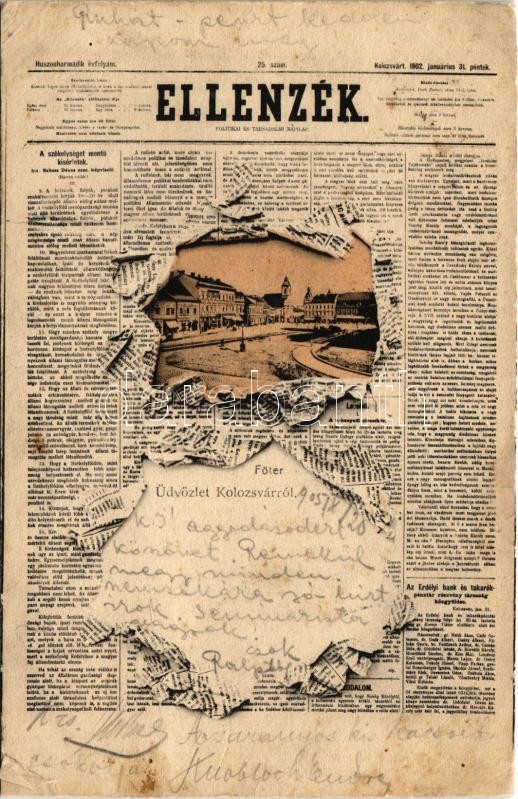 1905 Kolozsvár, Cluj; Fő tér. 'Ellenzék' politikai és társadalmi napilap montázs. Rigó Árpád kiadása / main square, newspaper montage (r)