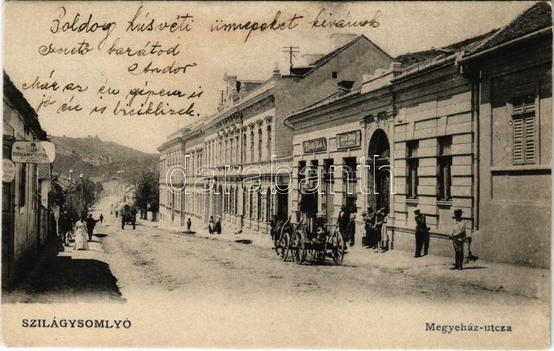 1905 Szilágysomlyó, Simleu Silvaniei; Megyeház utca, dohányáruda, Lázár Gyula, Szabó Béla üzlete. Heimlich K. kiadása / street view, shops