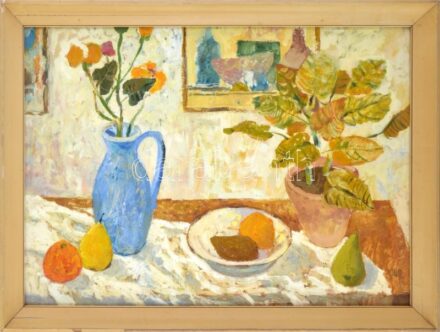 Dallos Ferenc (1928-2001): Csendélet. Olaj, farost, jelezve jobbra lent. Hátoldalán Képcsarnok Vállalat címkéivel. Üvegezett, sérült fakeretben. 50x70 cm.