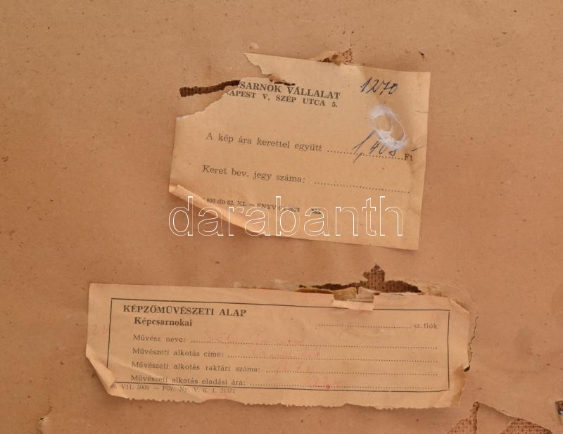 Dallos Ferenc (1928-2001): Csendélet. Olaj, farost, jelezve jobbra lent. Hátoldalán Képcsarnok Vállalat címkéivel. Üvegezett, sérült fakeretben. 50x70 cm. - Image 3