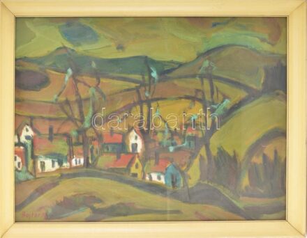 Bojtor Károly (1933-1999): Hegyek, házak. Olaj, farost, jelezve balra lent. Hátoldalán autográf felirattal és Képcsarnok Vállalat címkéivel. Üvegezett, kissé sérült fakeretben. 60x80 cm.