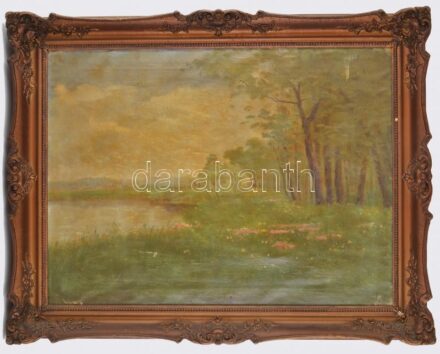 Szentpályi jelzéssel, 1920-40 körül: Zöldellő táj. Olaj, vászon. Hátoldalán Juhász székesfehérvári képkeretező címkéjével. Dekoratív, kissé sérült fakeretben. 60x80 cm.