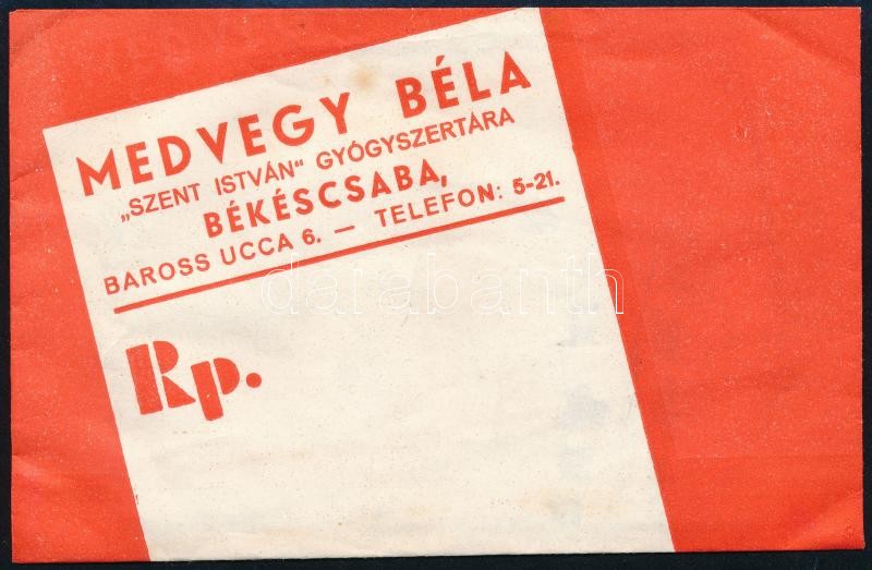 cca 1930 Medvegy Béla Szent István Gyógyszertár Békéscsaba recept és receptboríték
