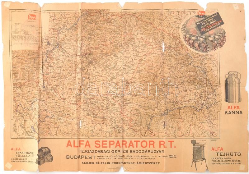 cca 1930 Alfa tejhűtő reklámos levelezőlap kihatható nagy méretű, térképpel szakadt, sérült 50x90 cm