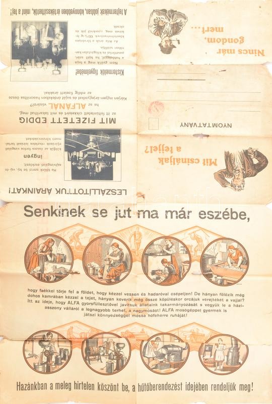 cca 1930 Alfa tejhűtő reklámos levelezőlap kihatható nagy méretű, térképpel szakadt, sérült 50x90 cm - Image 2