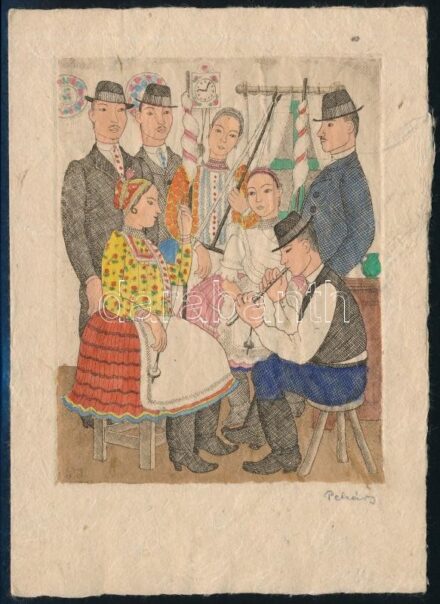 Pekáry István (1905-1981): Leánykérés - magyar népviselet Rézkarc, merített papír. Jelzett. üdvözlőlap, 1930-40 körül. 13x10 cm