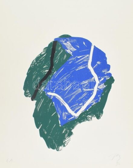 Bér János (1937-2021): Zöld-kék kompozíció, 1992. Szitanyomat, papír, jelzett, művészpéldány E.A. jelzéssel. Lapméret: 65×50 cm / Screenprint on paper, signed, artist's proof.