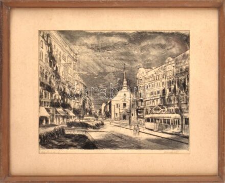 Blahos Rudolf (1917-1986): Felszabadulás tér. Rézkarc, papír, jelzett, üvegezett fakeretben, 27×35 cm